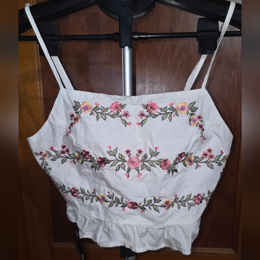 Forever 21 White and Pink Smocked Camisole Crop Top